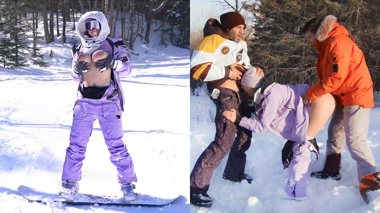 Baby tetona folla dos tíos al aire libre en la nieve durante sus vacaciones de esquí