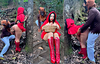 Yen la China vestida de caperucita roja singando en el monte